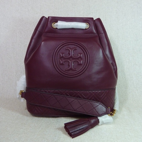 NEW Tory Burch Fleming Imperial Garnet Burgundy Leather Medium Bucket Tote Bag - Picture 2 of 12